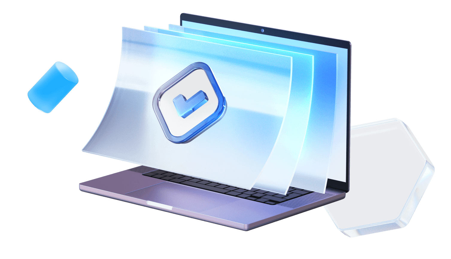 Объемный ноутбук с иконкой галочки на экране